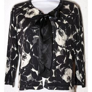 Anne Klein Womens Sz XS Open-Front Cardigan Cashmere Sweater Black White Rose